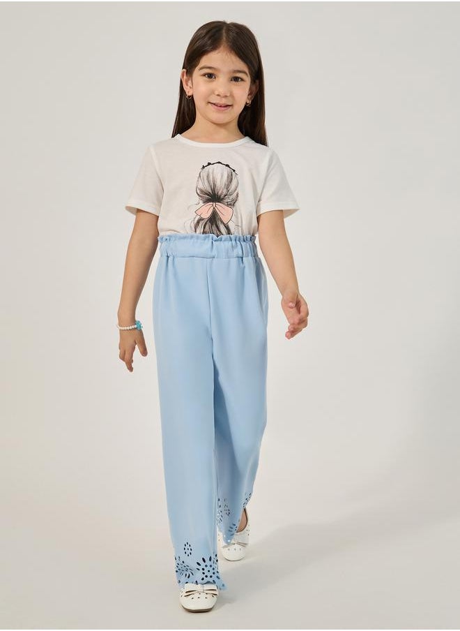 Solid Laser Cut Hem Relaxed Fit Pants