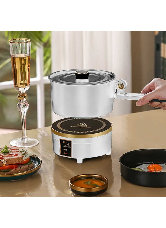 Multifunctional Electric Cooker 2-in-1 Hot Pot & Frying Pan – 750W Non-Stick Portable Cooker with Lid, 2L Stainless Steel, Compact for Dorm, Travel, Office & Small Kitchen Use (White)