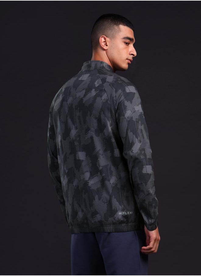 Men Printed Mock Neck Slim Fit Jacket with TS FLEXI
