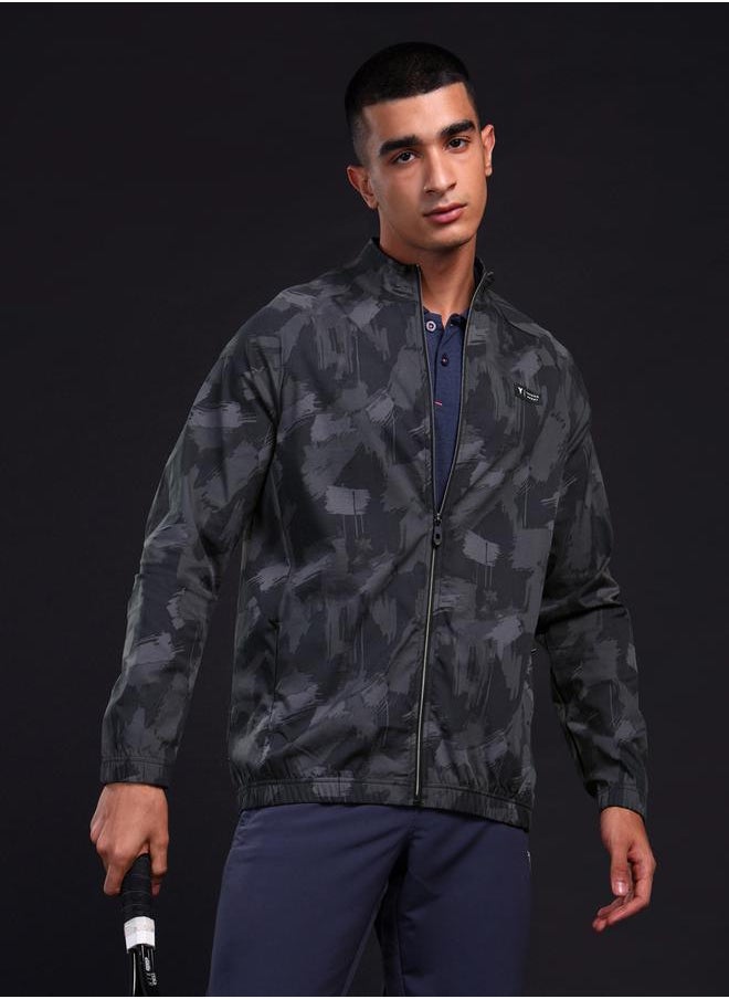 Men Printed Mock Neck Slim Fit Jacket with TS FLEXI