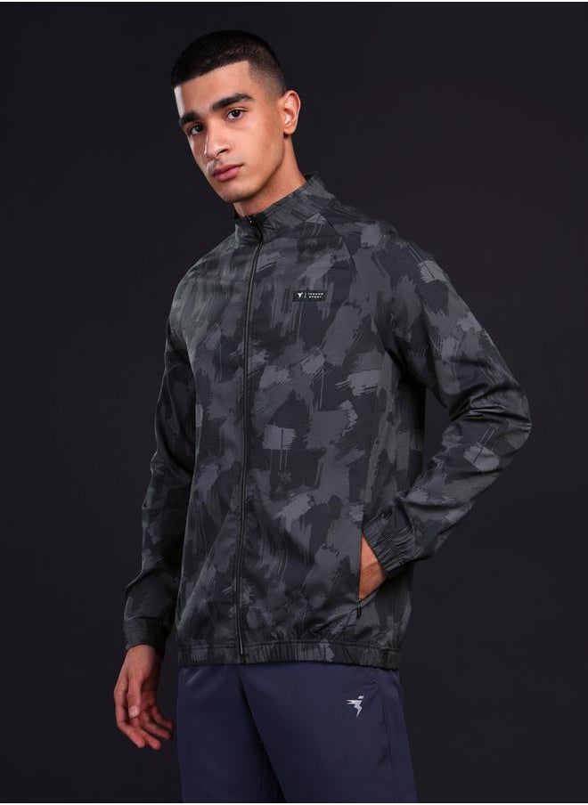 Men Printed Mock Neck Slim Fit Jacket with TS FLEXI