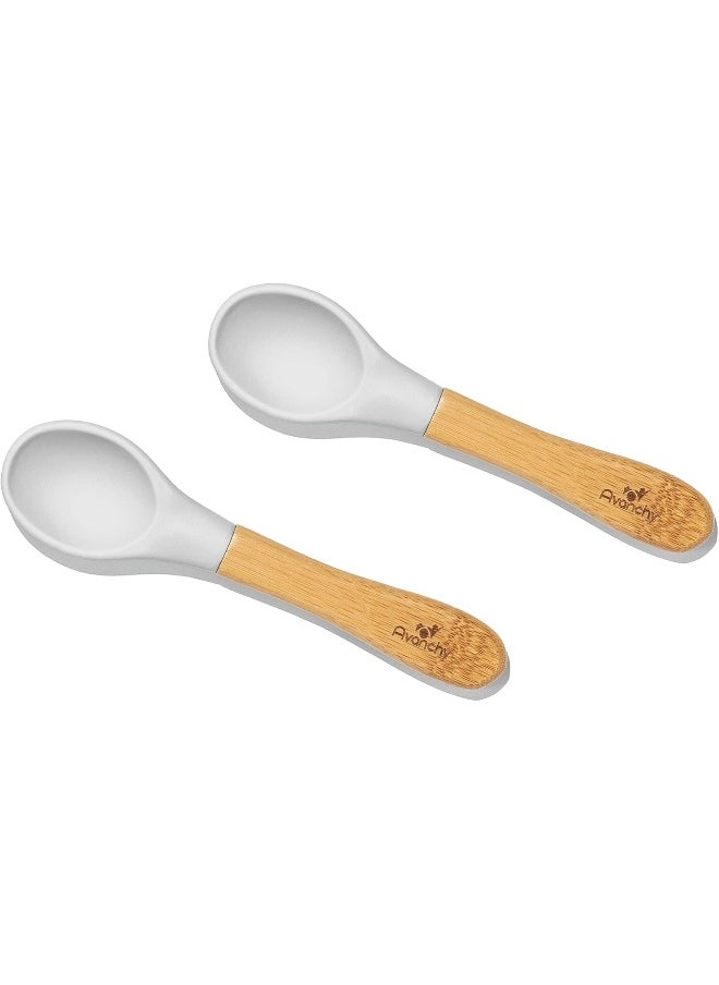 Avanchy Baby Spoons Bamboo and Silicone Set, Self Feeding Food Utensils, 4 Months Baby Led Weaning, 2 Pack Gray