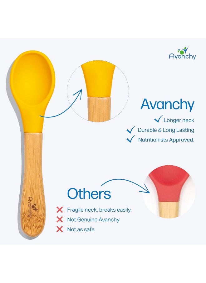 Avanchy First Stage Baby Feeding Spoons Natural Bamboo Soft Silicone Soft Tip Baby Spoon, Training Spoon Holds, Travel Gift Set for Baby – 2 Pack