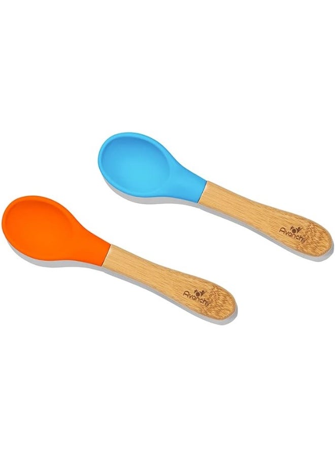 Avanchy First Stage Baby Feeding Spoons Natural Bamboo Soft Silicone Soft Tip Baby Spoon, Training Spoon Holds, Travel Gift Set for Baby – 2 Pack