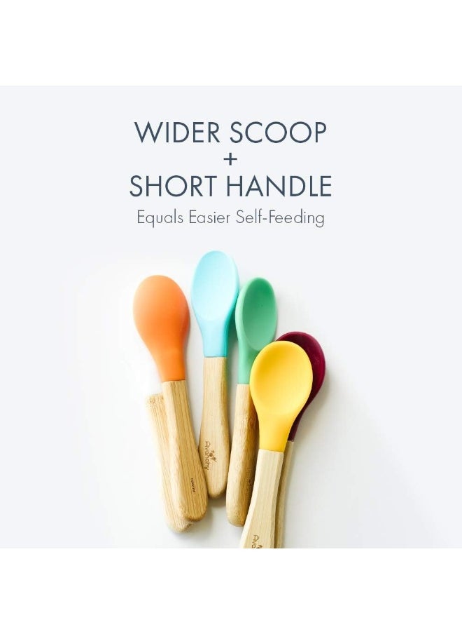 Avanchy First Stage Baby Feeding Spoons Natural Bamboo Soft Silicone Soft Tip Baby Spoon, Training Spoon Holds, Travel Gift Set for Baby – 2 Pack