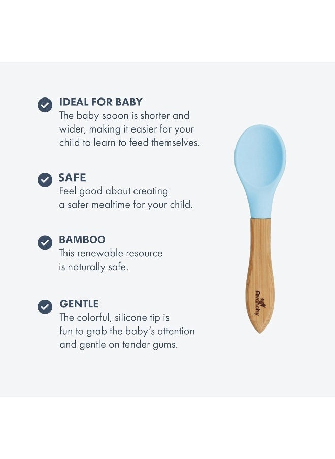 Avanchy First Stage Baby Feeding Spoons Natural Bamboo Soft Silicone Soft Tip Baby Spoon, Training Spoon Holds, Travel Gift Set for Baby – 2 Pack