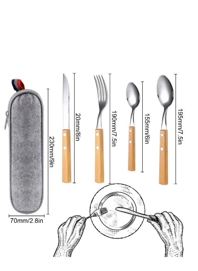 Cutlery Sets, Set of 4 Stainless Steel Kitchen Tableware, Wooden Handle Knife and Fork Sets, Portable Reusable Cutlery Set, Travel Cutlery Set, Picnic Cutlery
