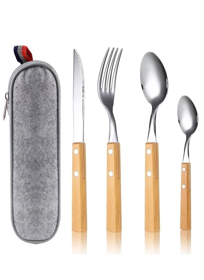Cutlery Sets, Set of 4 Stainless Steel Kitchen Tableware, Wooden Handle Knife and Fork Sets, Portable Reusable Cutlery Set, Travel Cutlery Set, Picnic Cutlery