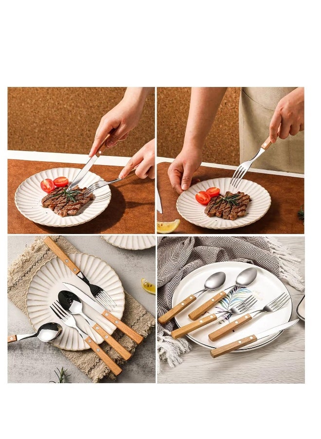 Cutlery Sets, Set of 4 Stainless Steel Kitchen Tableware, Wooden Handle Knife and Fork Sets, Portable Reusable Cutlery Set, Travel Cutlery Set, Picnic Cutlery