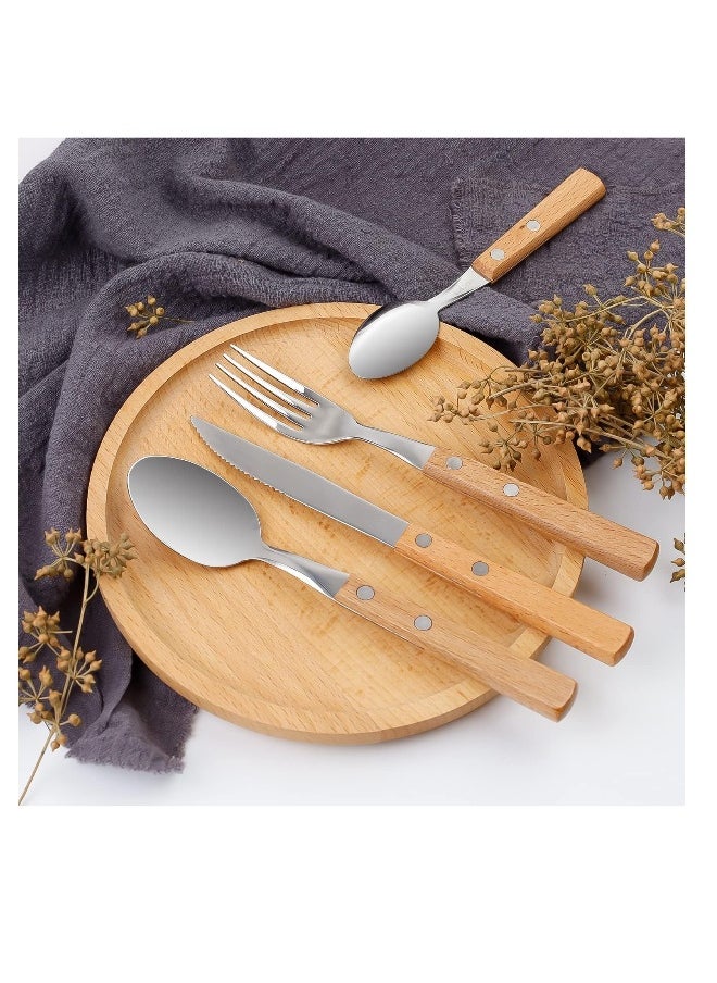 Cutlery Sets, Set of 4 Stainless Steel Kitchen Tableware, Wooden Handle Knife and Fork Sets, Portable Reusable Cutlery Set, Travel Cutlery Set, Picnic Cutlery