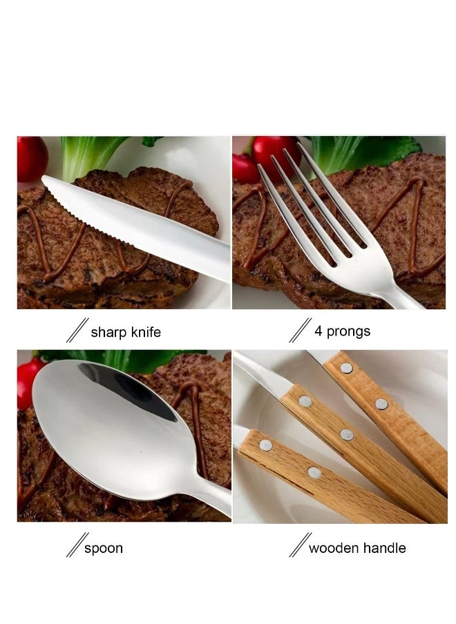Cutlery Sets, Set of 4 Stainless Steel Kitchen Tableware, Wooden Handle Knife and Fork Sets, Portable Reusable Cutlery Set, Travel Cutlery Set, Picnic Cutlery