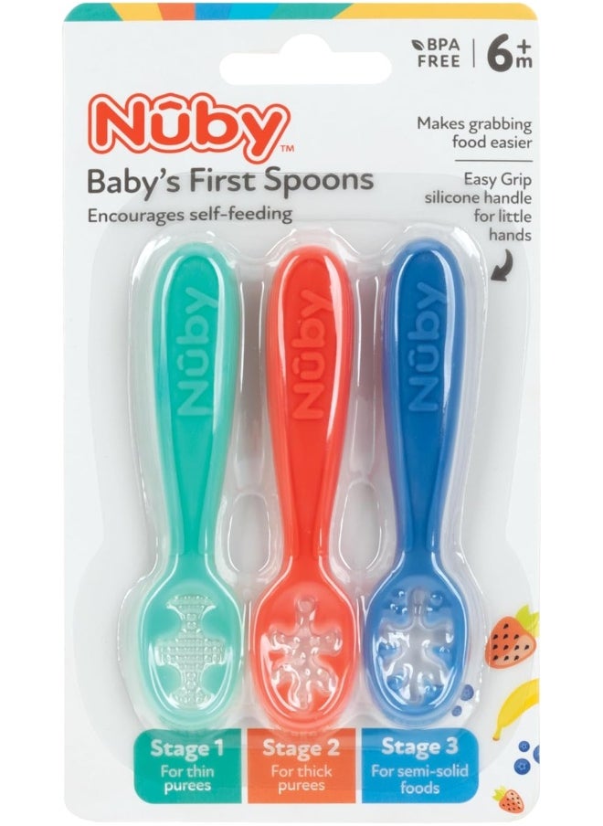 Nuby Baby First Spoon Set - Silicone - Easy to Grasp and Hold - 3 Pack - 6 plus Months