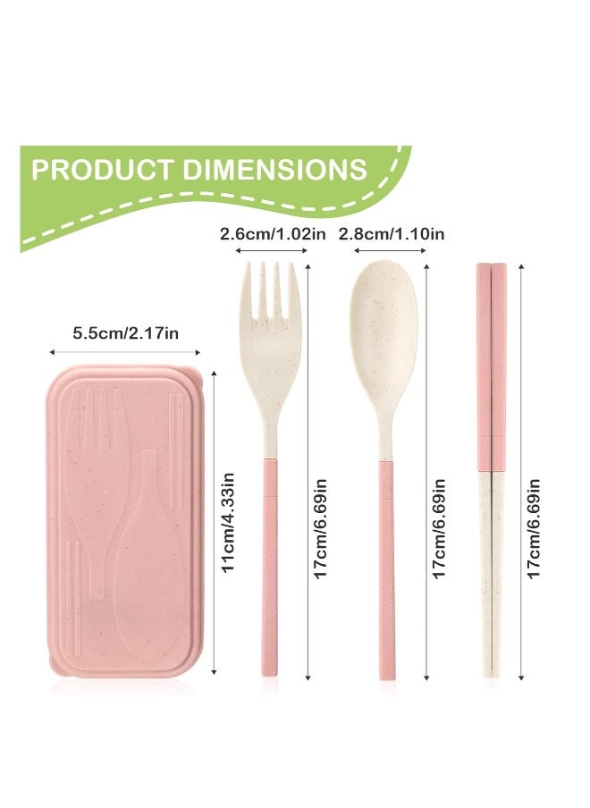 Travel Utensil Set with Case, Wheat Straw Portable Plastic Collapsible Spoon Chopsticks Forks, Camping Cutlery Lunch Utensils Cutlery Bulk for Kids Adults, 8 Sets, Pink, Green, Blue, Beige