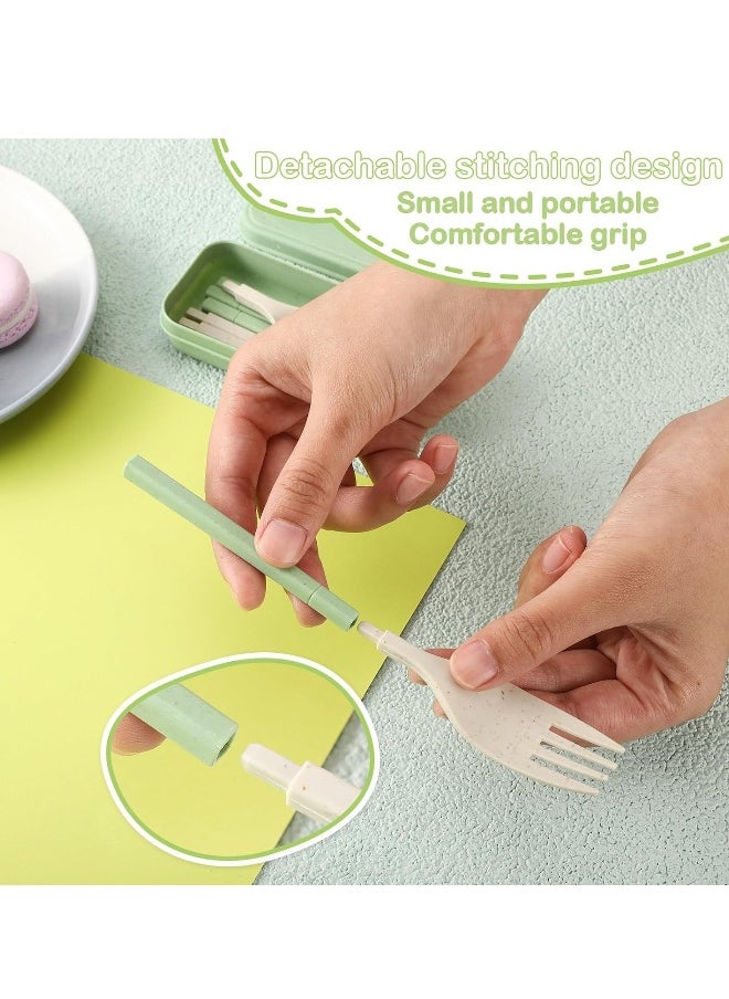 Travel Utensil Set with Case, Wheat Straw Portable Plastic Collapsible Spoon Chopsticks Forks, Camping Cutlery Lunch Utensils Cutlery Bulk for Kids Adults, 8 Sets, Pink, Green, Blue, Beige