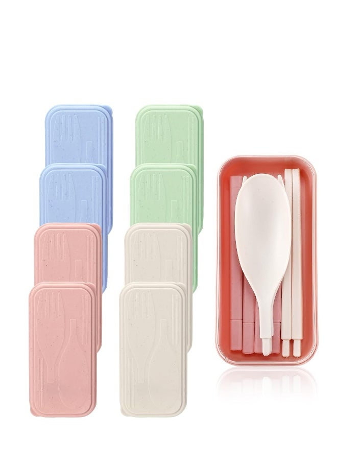 Travel Utensil Set with Case, Wheat Straw Portable Plastic Collapsible Spoon Chopsticks Forks, Camping Cutlery Lunch Utensils Cutlery Bulk for Kids Adults, 8 Sets, Pink, Green, Blue, Beige