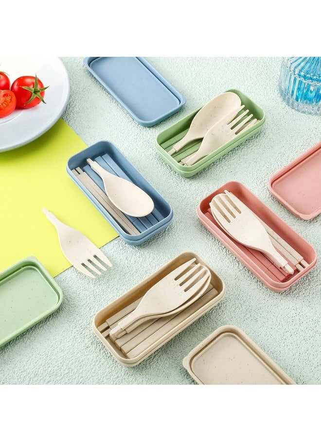 Travel Utensil Set with Case, Wheat Straw Portable Plastic Collapsible Spoon Chopsticks Forks, Camping Cutlery Lunch Utensils Cutlery Bulk for Kids Adults, 8 Sets, Pink, Green, Blue, Beige