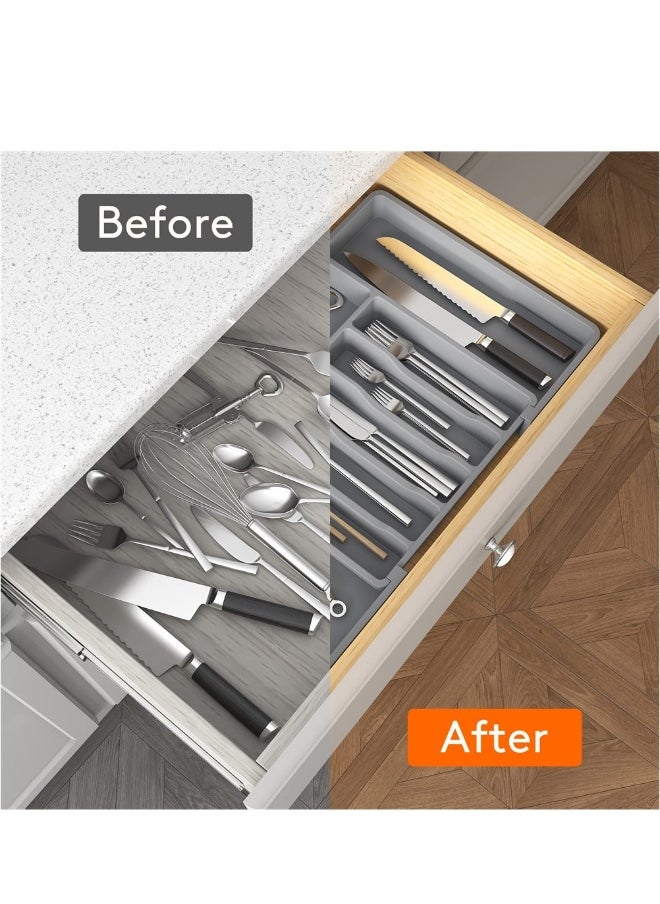 Expandable Cutlery Tray Adjustable Silverware Organizer for Kitchen Drawer Holds Forks Spoons and Utensils Grey