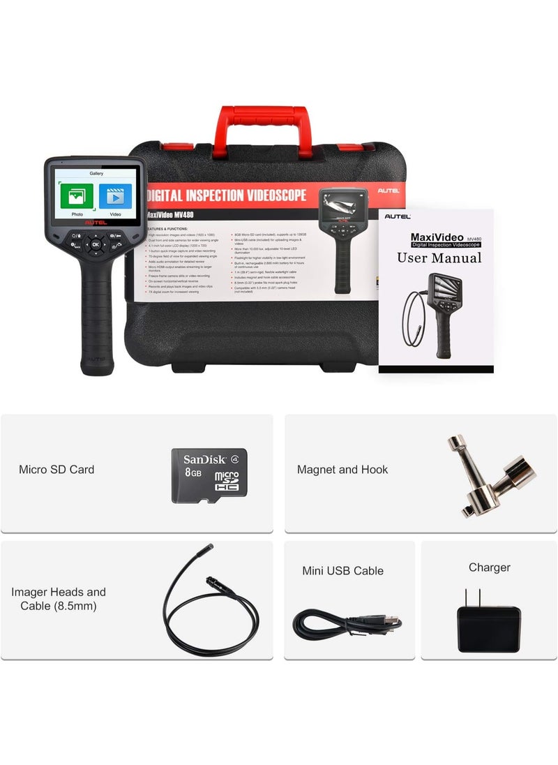 Autel MaxiVideo MV480 Inspection Camera, 1080P HD Industrial Endoscope Video Scope, Videoscope with Audio Annotation, Dual Cameras, 360°Rotation, 7 X Zoom, Upgraded Ver. of MV460