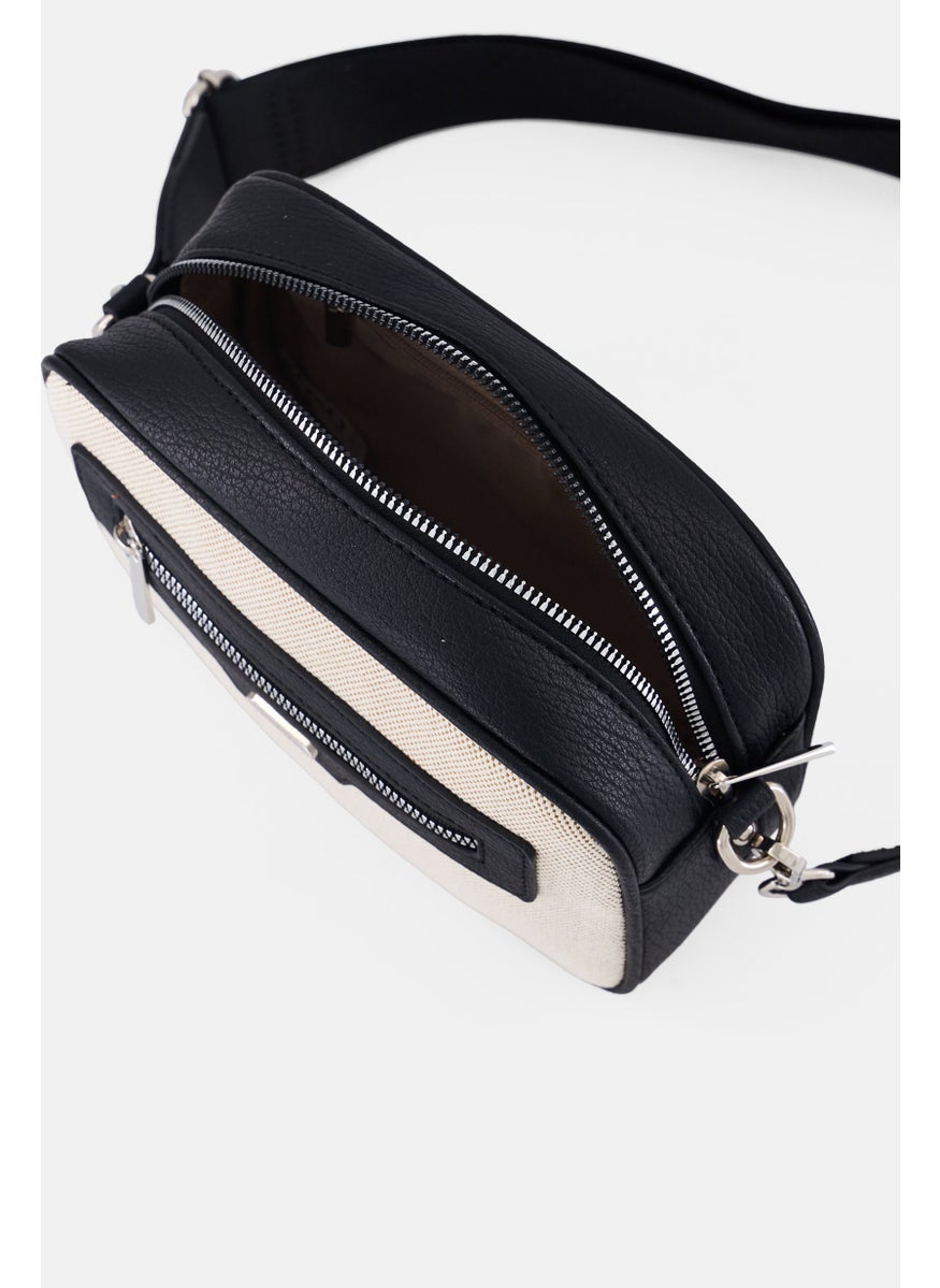 Women Brand Logo Crossbody Bag, Black/Beige