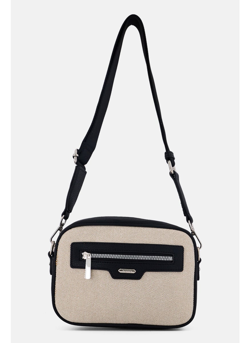 Women Brand Logo Crossbody Bag, Black/Beige