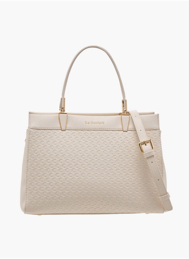 Monogram Embossed Tote Bag with Detachable Strap and Zip Closure