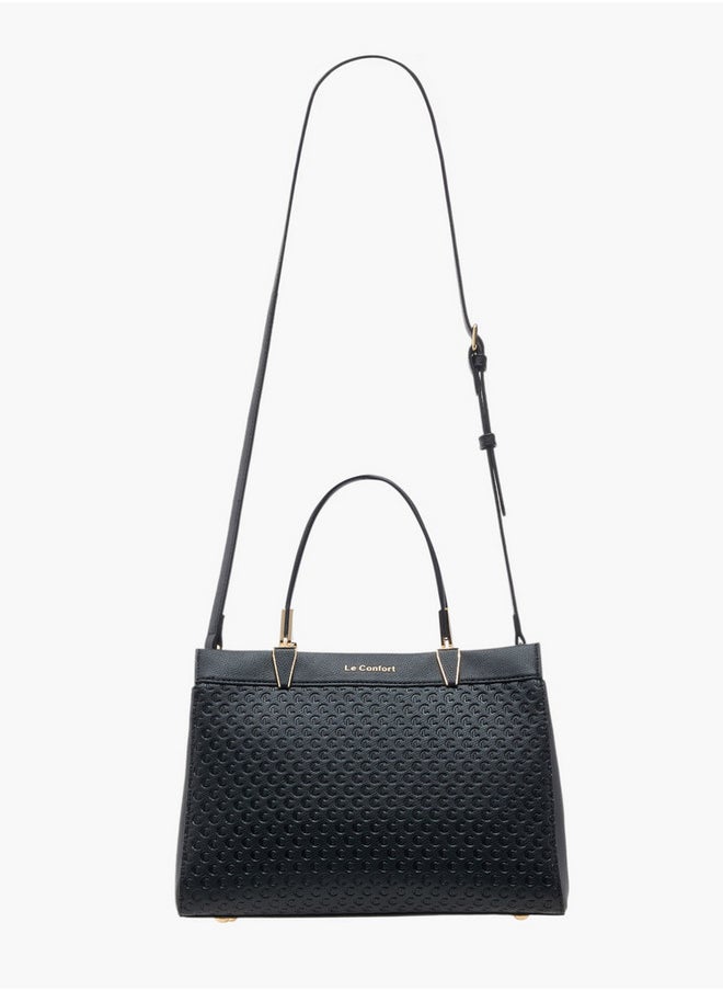 Monogram Embossed Tote Bag with Detachable Strap and Zip Closure