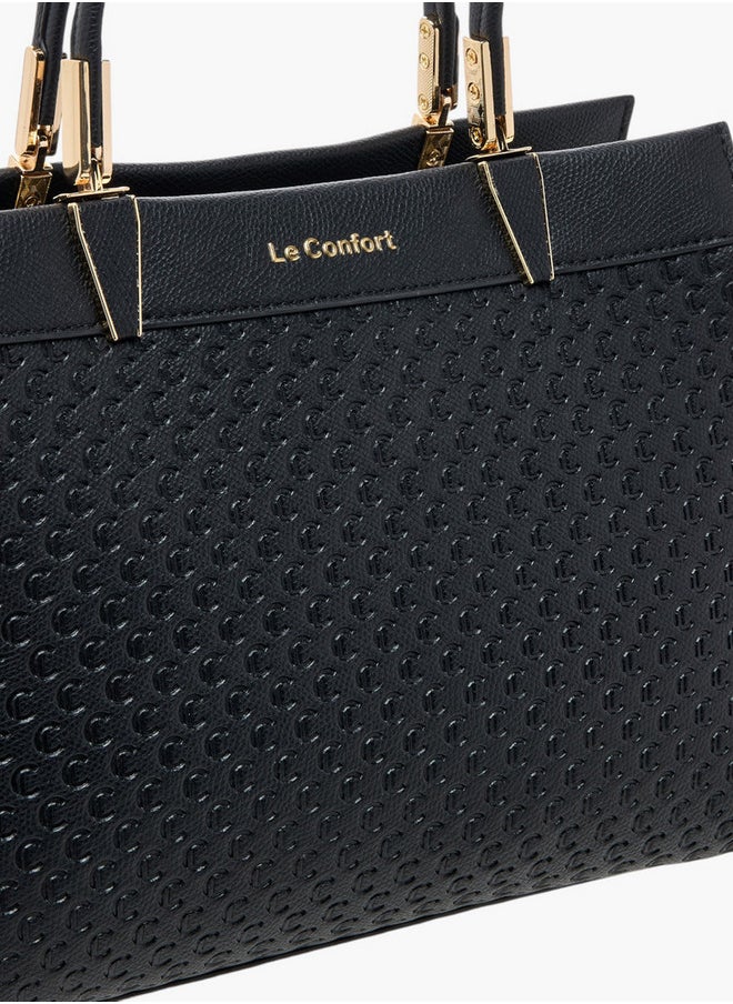 Monogram Embossed Tote Bag with Detachable Strap and Zip Closure