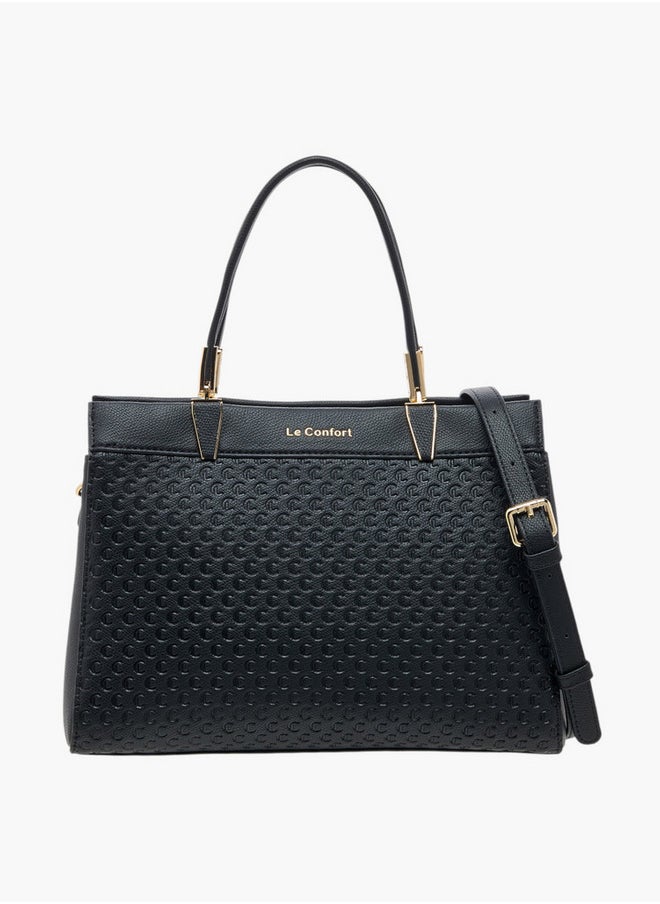 Monogram Embossed Tote Bag with Detachable Strap and Zip Closure