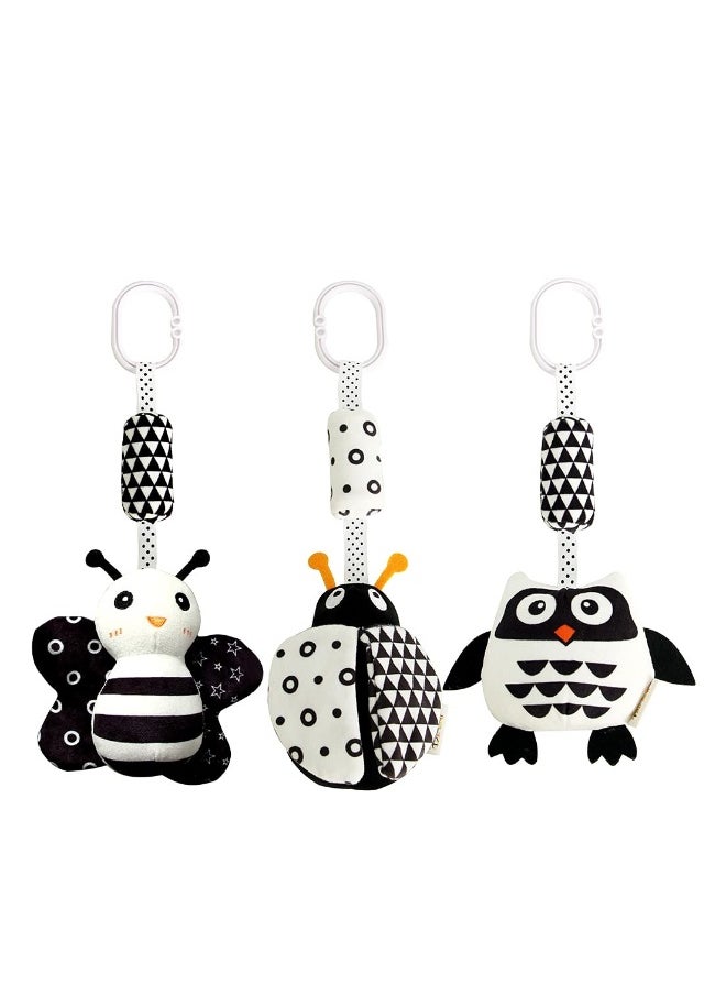 High Contrast Hanging Rattle Toys for Babies 0-36 Months - Plush Stroller and Car Seat Toys Featuring Cartoon Shapes of Ladybug, Bee & Owl (3 Pack)
