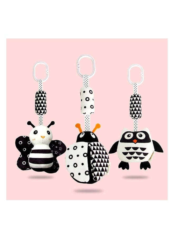 High Contrast Hanging Rattle Toys for Babies 0-36 Months - Plush Stroller and Car Seat Toys Featuring Cartoon Shapes of Ladybug, Bee & Owl (3 Pack)
