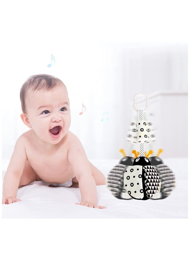 High Contrast Hanging Rattle Toys for Babies 0-36 Months - Plush Stroller and Car Seat Toys Featuring Cartoon Shapes of Ladybug, Bee & Owl (3 Pack)