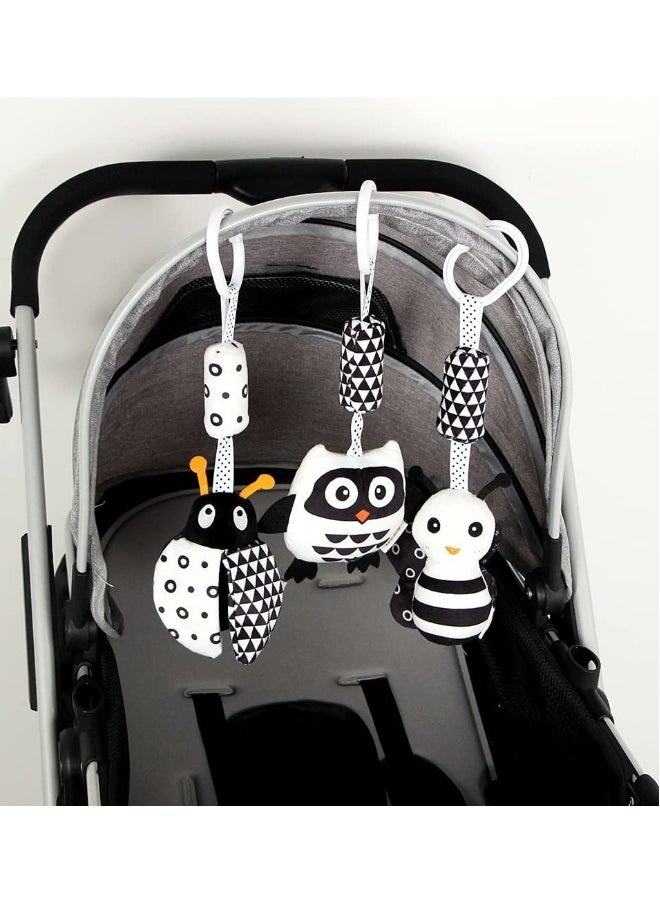 High Contrast Hanging Rattle Toys for Babies 0-36 Months - Plush Stroller and Car Seat Toys Featuring Cartoon Shapes of Ladybug, Bee & Owl (3 Pack)
