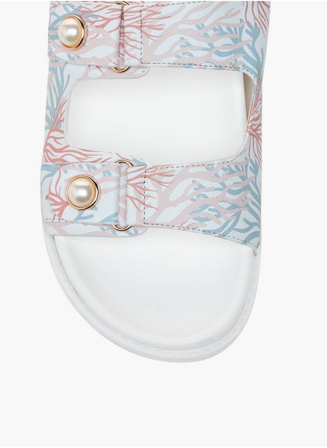 Printed Pearl Embellished Slip-On Flat Sandals