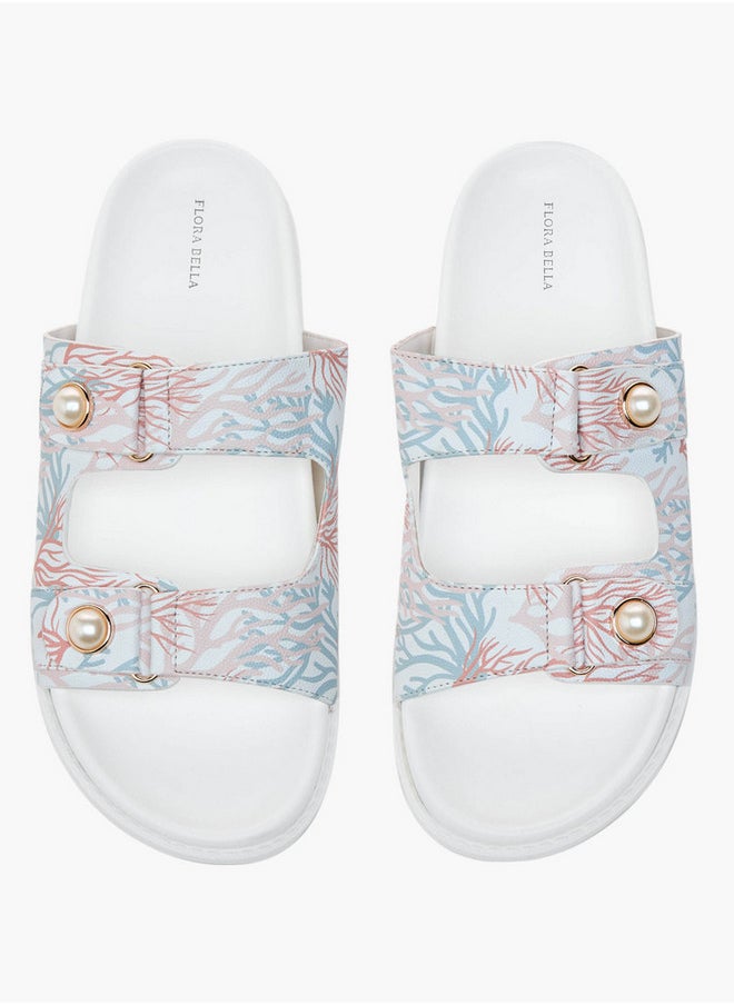 Printed Pearl Embellished Slip-On Flat Sandals