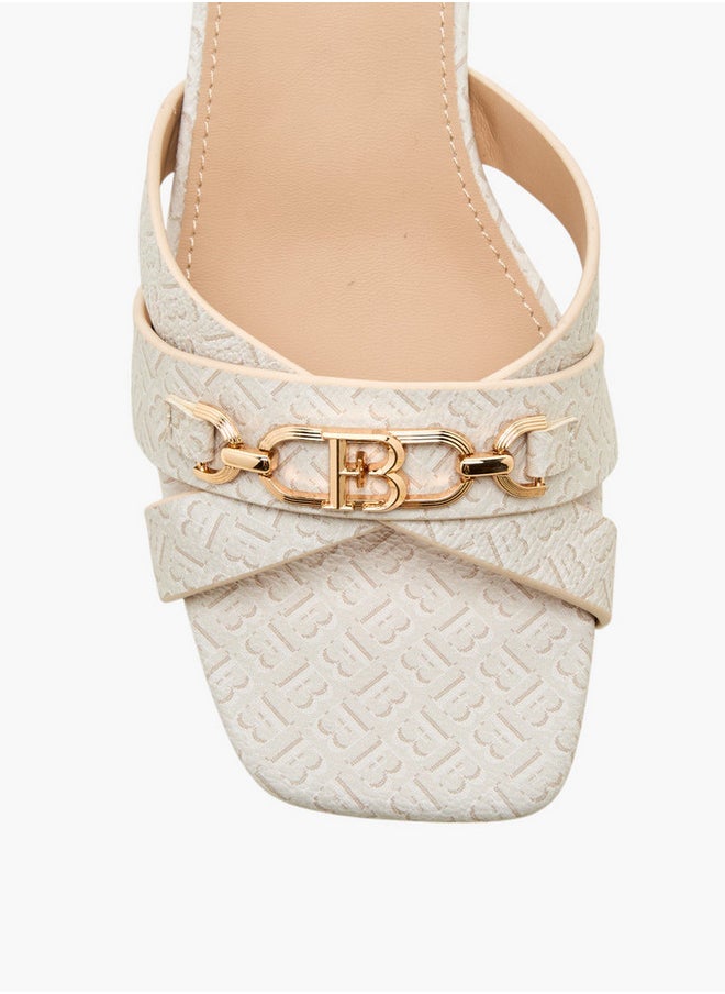 Monogram Print Cross-Strap Sandals with Block Heels