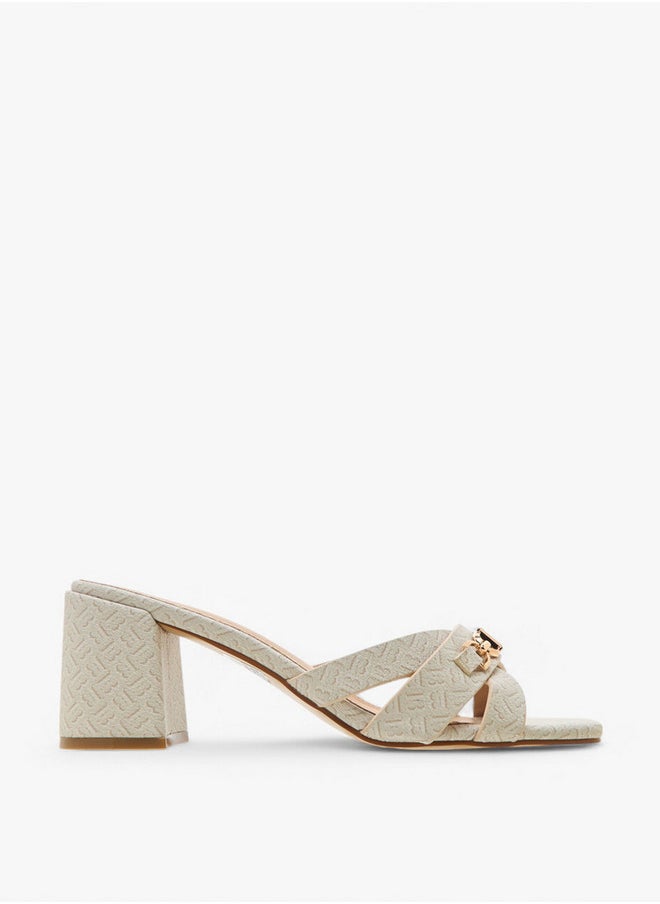 Monogram Print Cross-Strap Sandals with Block Heels
