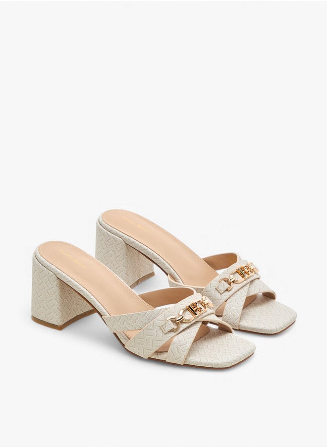 Monogram Print Cross-Strap Sandals with Block Heels