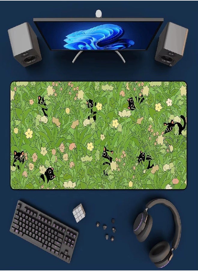 Extended Big Mouse Pad Large, ,100cm X 50cm X 0.3cm，XL Gaming Mouse Pad Desk Pad,Computer Keyboard Mouse Mat Mousepad,Black Cat with Flower Pattern