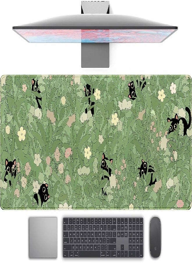 Extended Big Mouse Pad Large, ,100cm X 50cm X 0.3cm，XL Gaming Mouse Pad Desk Pad,Computer Keyboard Mouse Mat Mousepad,Black Cat with Flower Pattern