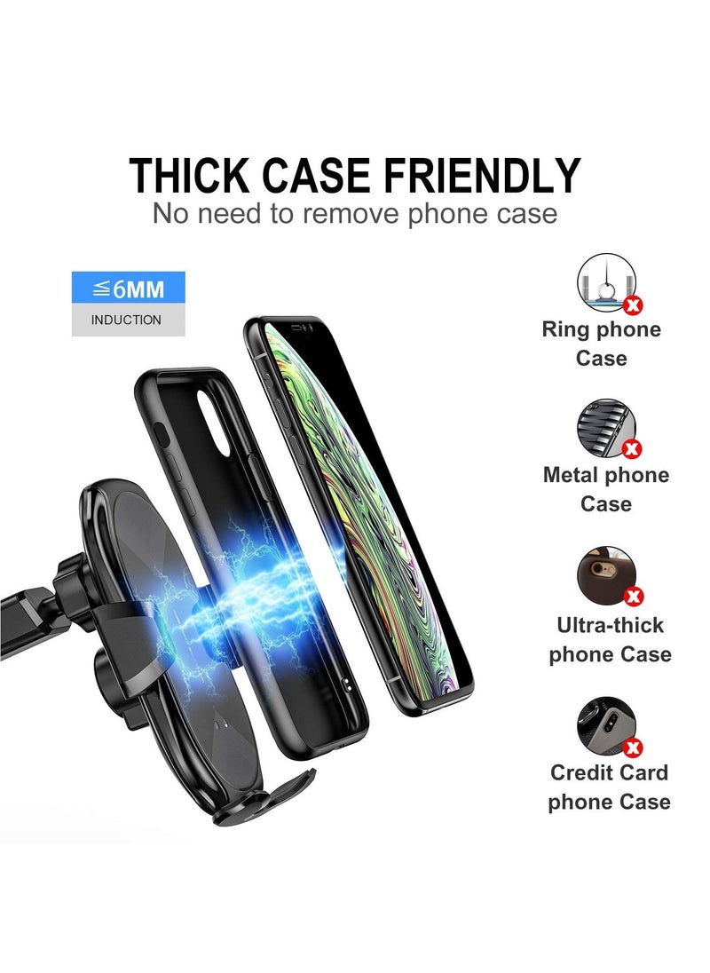 15W Qi Fast Wireless Car Charger with Auto-Clamping Phone Holder for Dashboard and Air Vent, Long Arm Suction Cup Mount for iPhone and Android