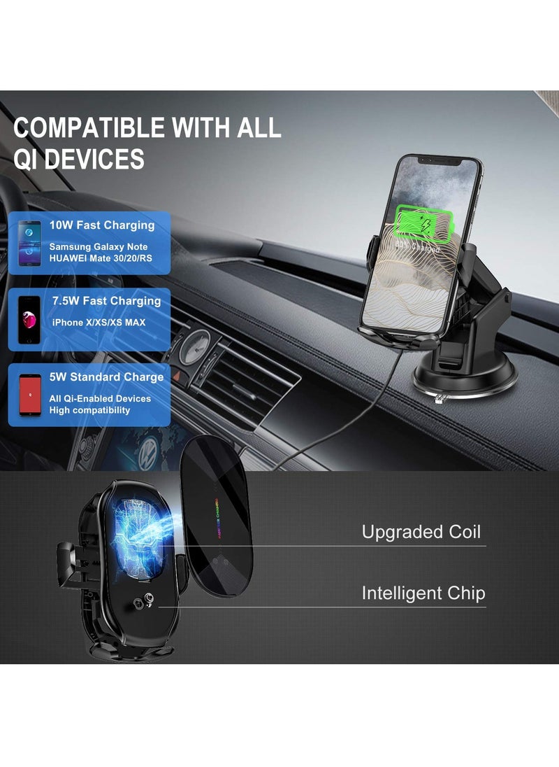 15W Qi Fast Wireless Car Charger with Auto-Clamping Phone Holder for Dashboard and Air Vent, Long Arm Suction Cup Mount for iPhone and Android