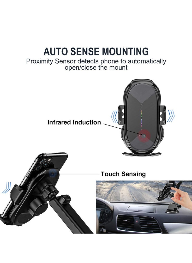 15W Qi Fast Wireless Car Charger with Auto-Clamping Phone Holder for Dashboard and Air Vent, Long Arm Suction Cup Mount for iPhone and Android