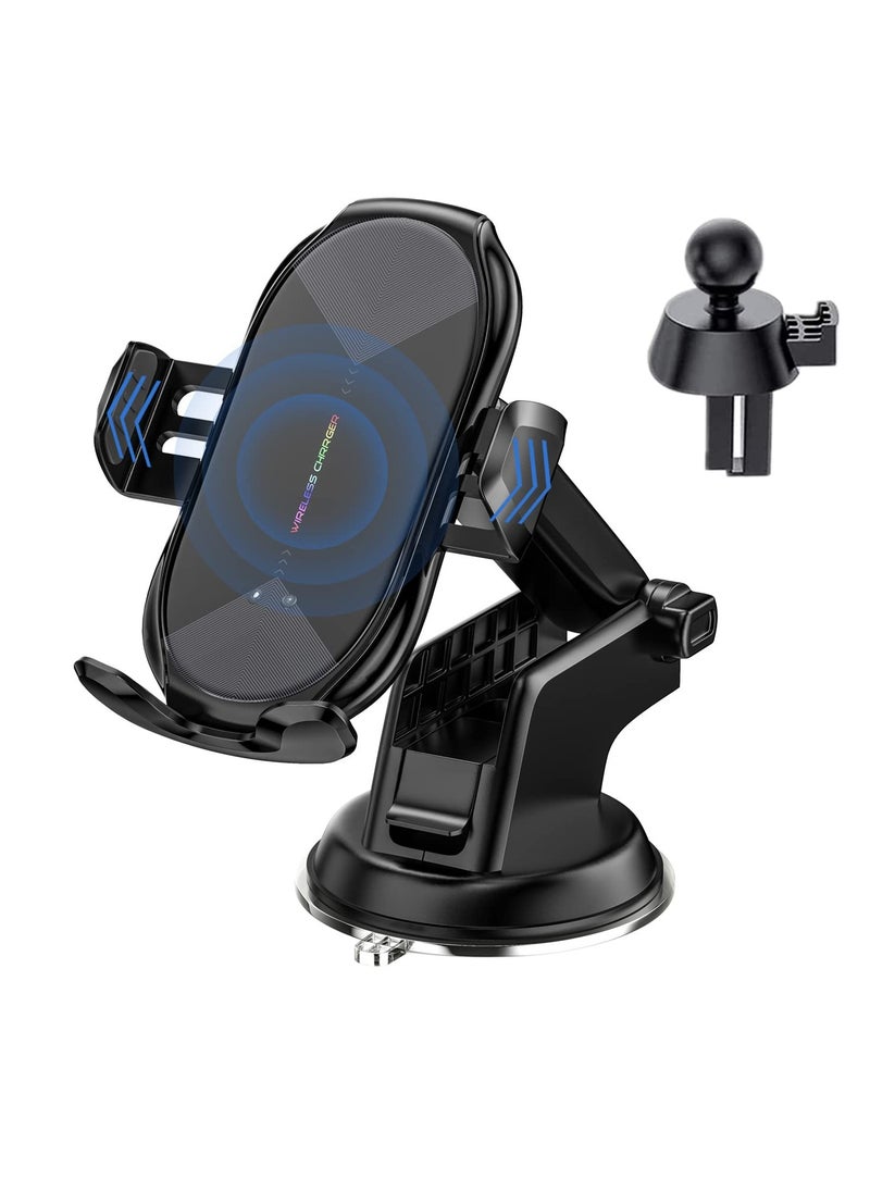 15W Qi Fast Wireless Car Charger with Auto-Clamping Phone Holder for Dashboard and Air Vent, Long Arm Suction Cup Mount for iPhone and Android