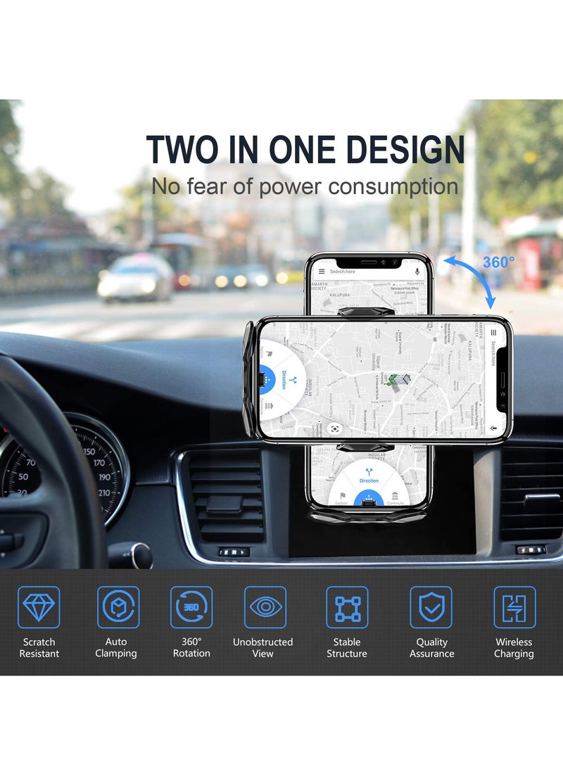 15W Qi Fast Wireless Car Charger with Auto-Clamping Phone Holder for Dashboard and Air Vent, Long Arm Suction Cup Mount for iPhone and Android