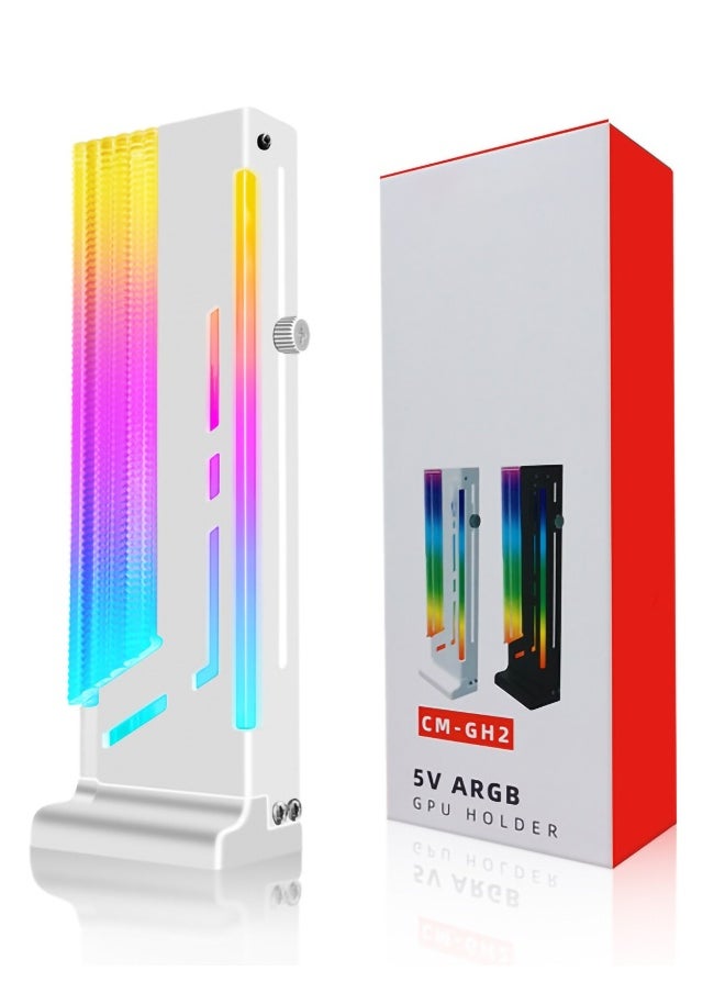 ARGB 3 Pin GPU Support Bracket, GPU Holder Bracket Brace Magnetic Base Graphics Card GPU Support Video Card Holder Bracket with ARGB 5V LED Length, Height, Sliding Adjustment(White)