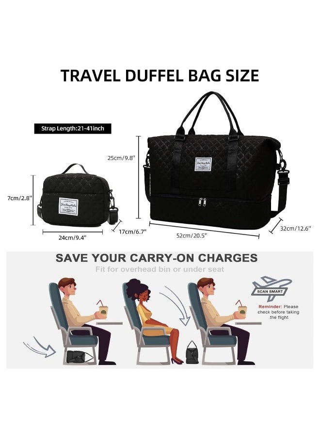 Women's Weekender Travel Bag, Black Carry-On Overnight Duffel with Shoe Compartment, Large Gym Tote and Toiletry Bag, Ideal Hospital Bag for Labor and Delivery.