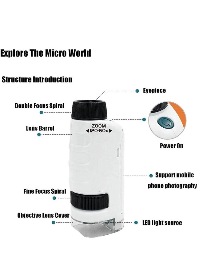 Portable Kids Microscope with LED Light - Handheld Mini Microscope for Learning & Exploration, Perfect for Scientific Experiments (White)