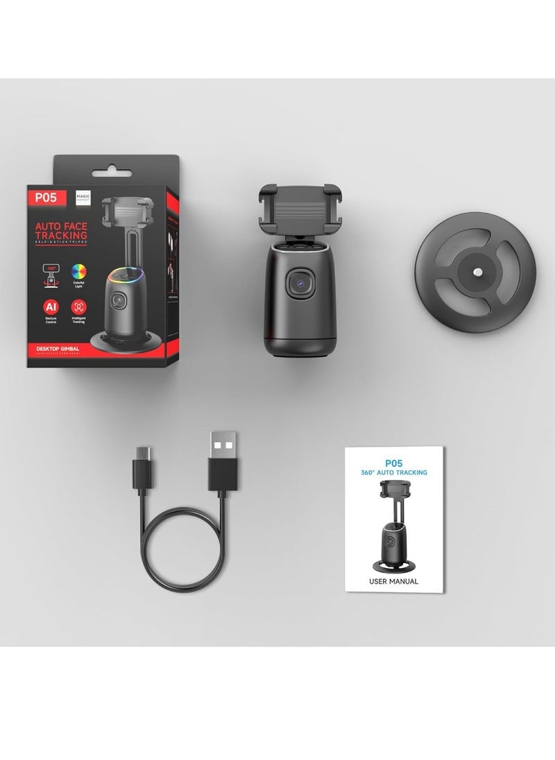 P05 Auto Face Tracking Phone Holder 360° Smart Gimbal Stabilizer With Adjustable Lens & Colorful Lights For Smartphone Vlog Live Chat And Selfies AI Gesture Control Mobile Stand Tripod Stand