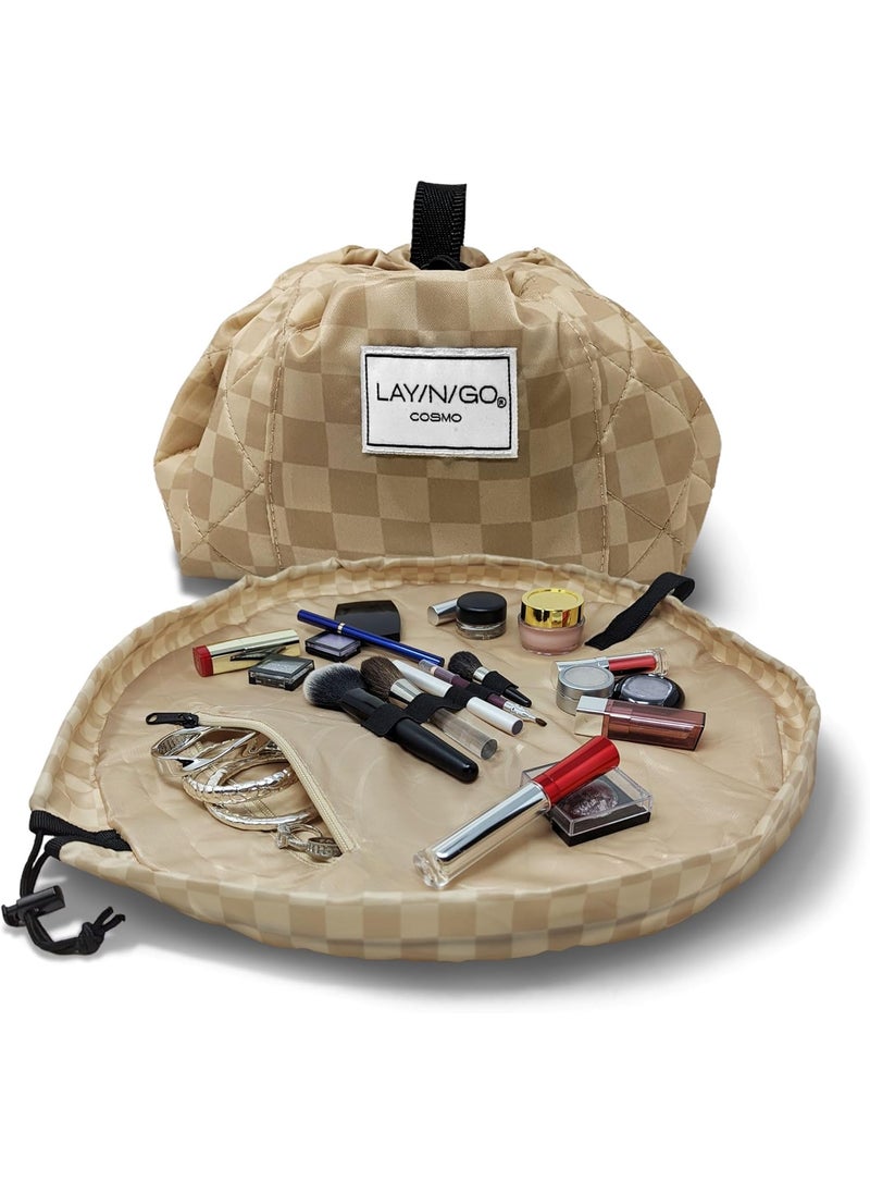 Lay-n-Go Cosmo Drawstring Cosmetic & Makeup Bag Organizer - Portable Drawstring Bag w/Zipper Pocket, Makeup Loops & More - Durable, Machine Washable Makeup Bag for Travel (20”, Checked)