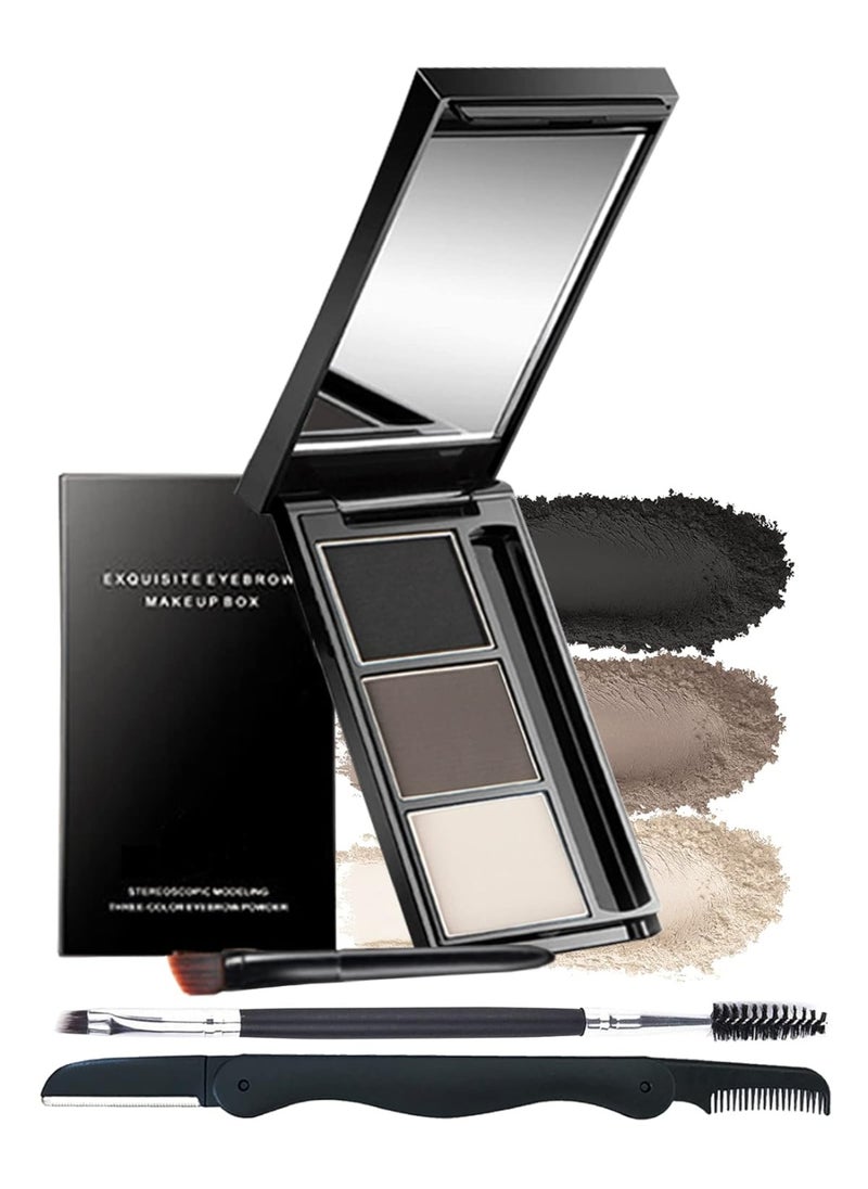 Eyebrow Powder Makeup Kit-3 Colors Eye Brow Powder Palette Long-Lasting Waterproof, Black Brown Series Brow Powder, Fill & Sculpt Full Eyebrows for Women, With Mirror, Brow Brush & Razor-Set 01